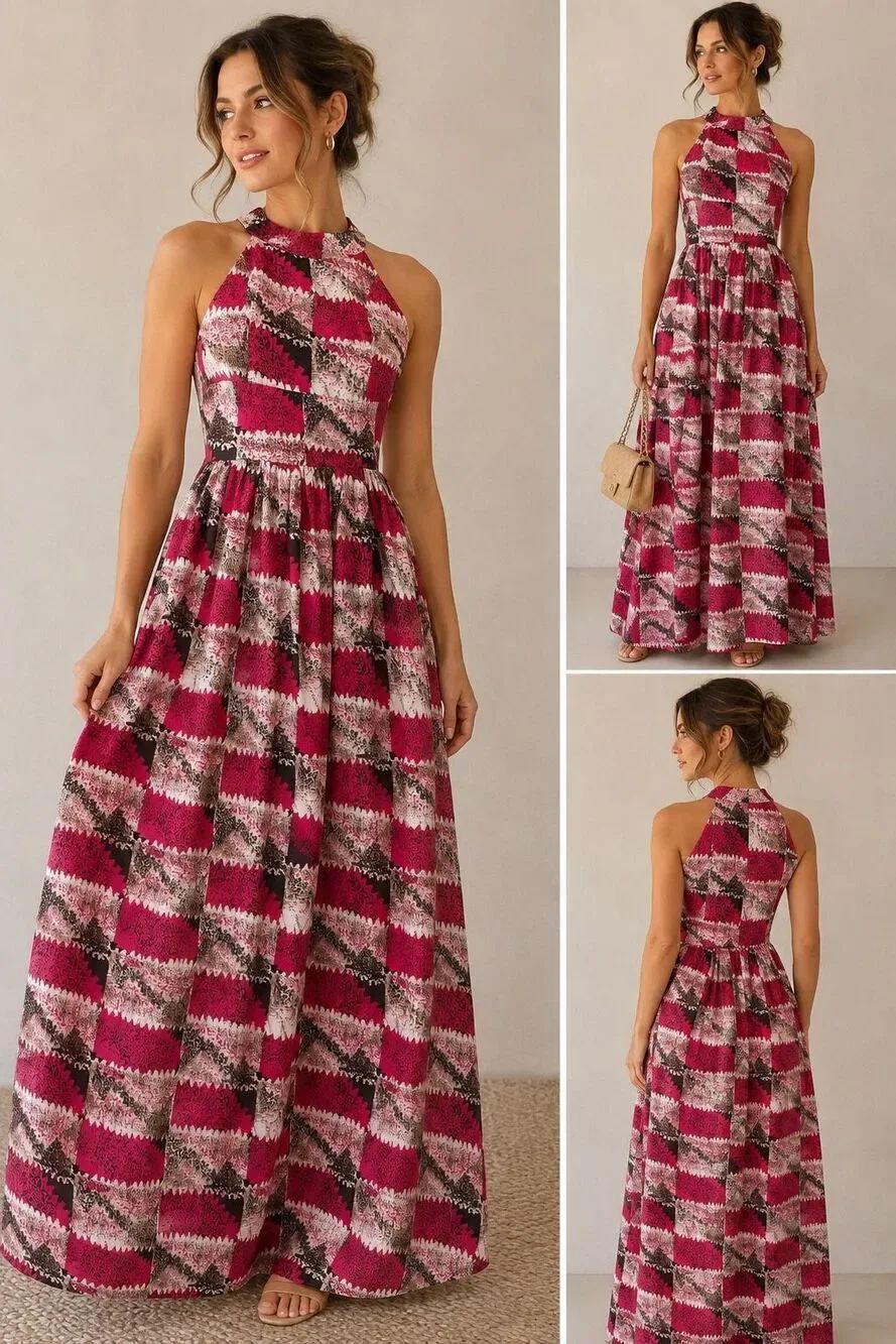 Handmade Cotton Blend Shimmer Maxi Dress Halter Neck Sleeveless Pink Women M